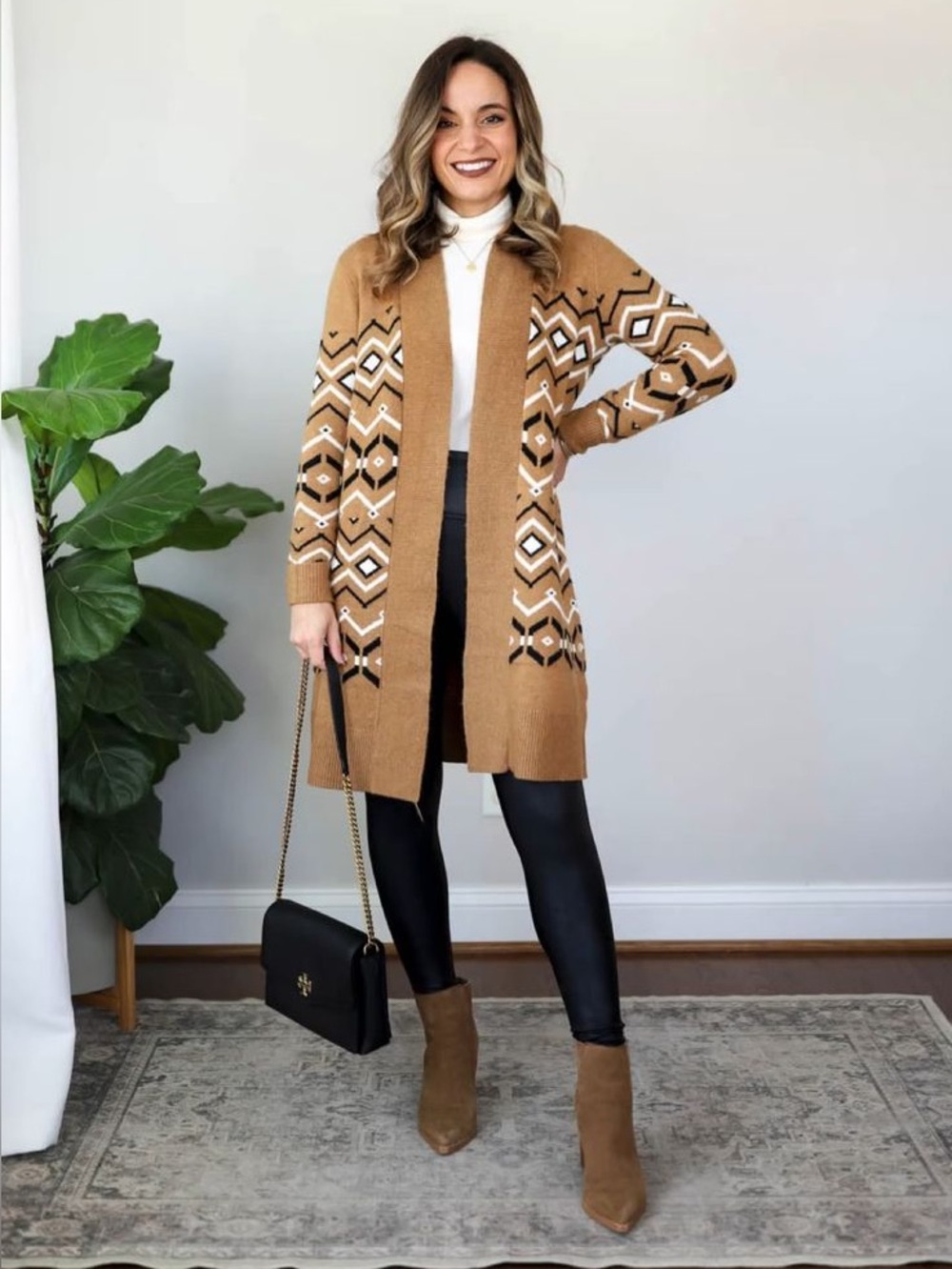 LOFT Brown Black Aztec Print Geometric Open-Front Cardigan, Women’s Size Medium